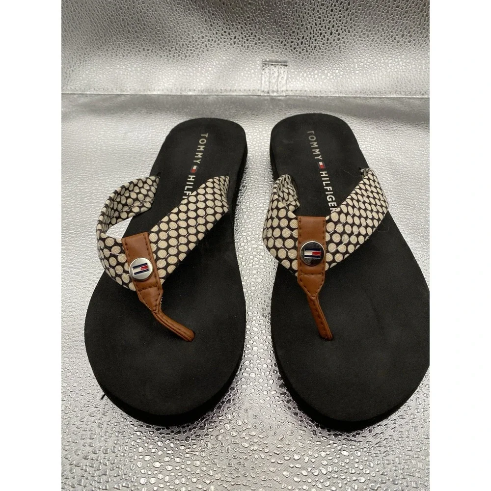 Tommy Hilfiger Polka Dot Logo Slip-On Strappy Black Beige Women's Flip Flop San…